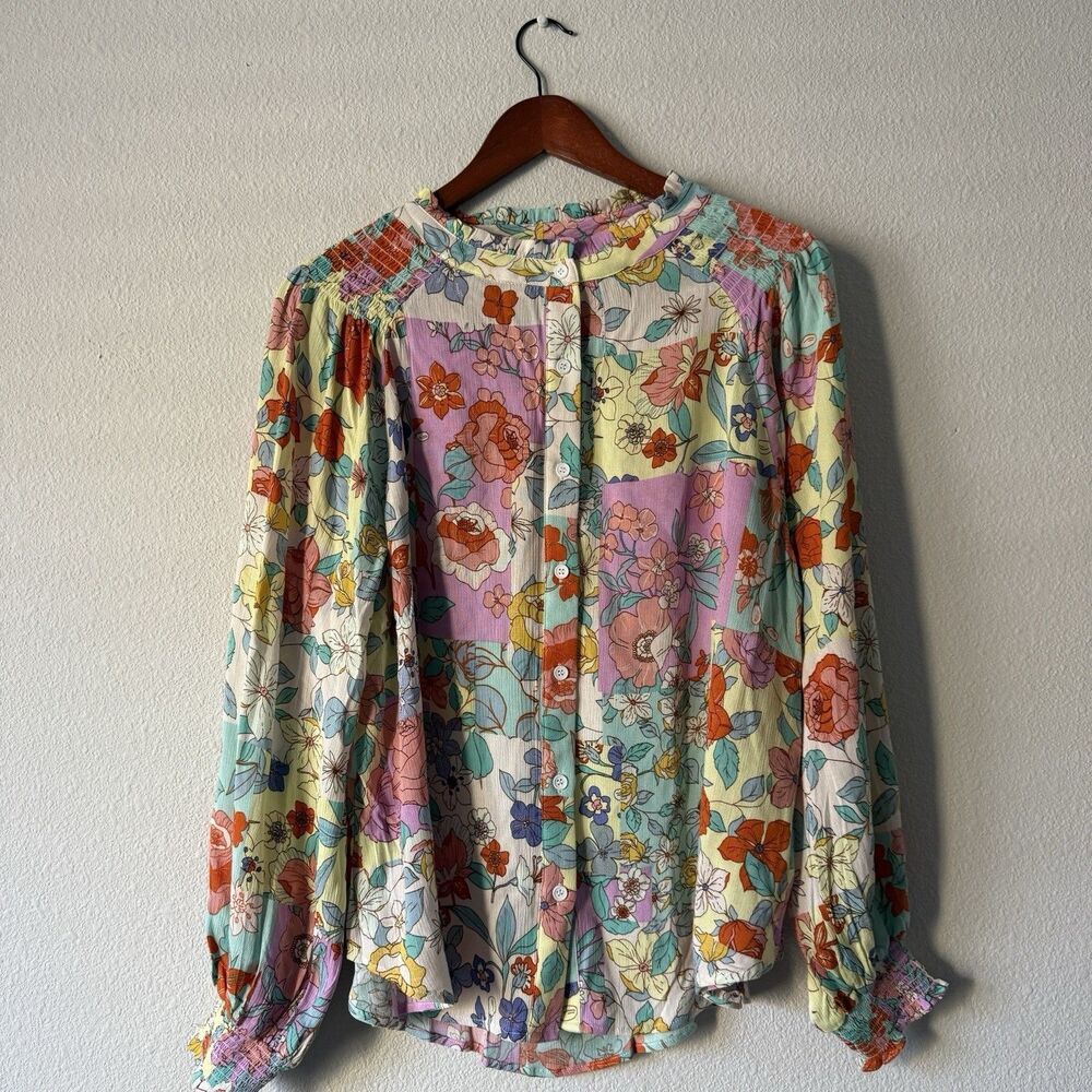 Fate Floral Cottage Blouse Size M Multicolor Button Front Boho Vibrancy Feminine